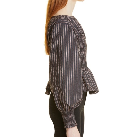 NEW Cinq à Sept Houston Striped Smocked Peplum Top *Graphite/Dark Salmon* Sz L - Picture 2 of 16